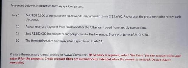 Presented below is information from Ayayai Computers. Sold R$25,200 of computers to Smallwood Company with