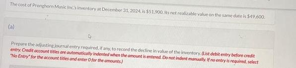 The cost of Pronghorn Music Inc's inventory at December 31, 2024, is $51,900. Its net realizable value on the