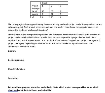 Decision variables Client Objective function: Project 1 manager Yareli 10 Joanne 9 Lin 6 Constraints 2 15 18