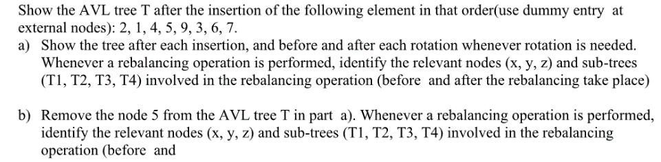Show the AVL tree T after the insertion of the following element in that order(use dummy entry at external