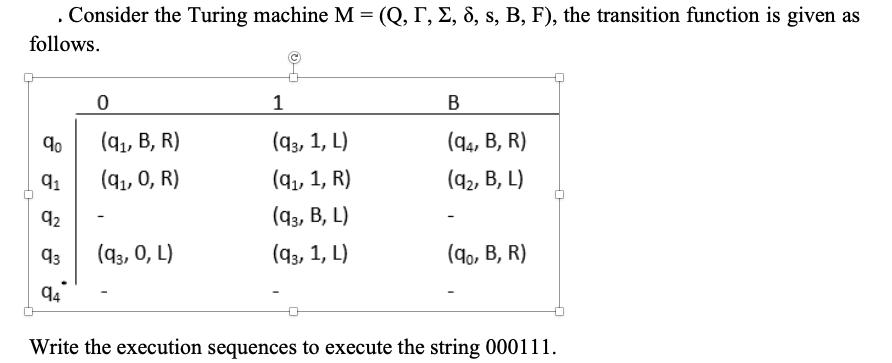 . Consider the Turing machine M = (Q, I, E, 8, s, B, F), the transition function is given as follows. 9 91 92