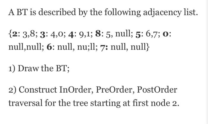 A BT is described by the following adjacency list. {2: 3,8; 3: 4,0; 4: 9,1; 8: 5, null; 5: 6,7; 0: null,null;
