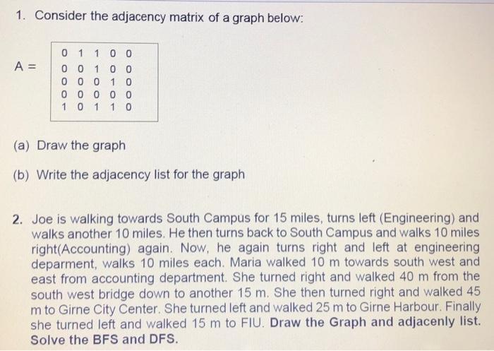 1. Consider the adjacency matrix of a graph below: A = 0 1 1 0 0 00 100 00010 0 0 0 0 0 101 10 (a) Draw the