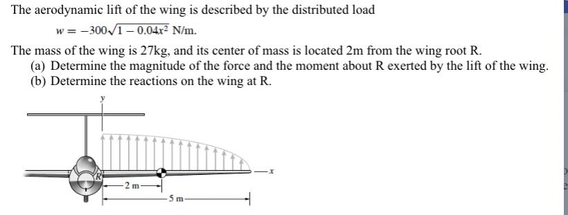 The aerodynamic lift of the wing is described by the distributed load w = -3001-0.04x N/m. The mass of the