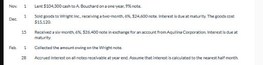 Nov. 1 1 Dec Feb. 15 1 28 Lent $104,300 cash to A. Bouchard on a one-year,9% note. Soid goods to Wright Inc.