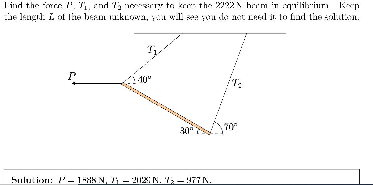 Find the force P, T, and T necessary to keep the 2222 N beam in equilibrium.. Keep the length L of the beam