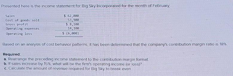 Presented here is the income statement for Big Sky Incorporated for the month of February, $ 62,000 53,900 $