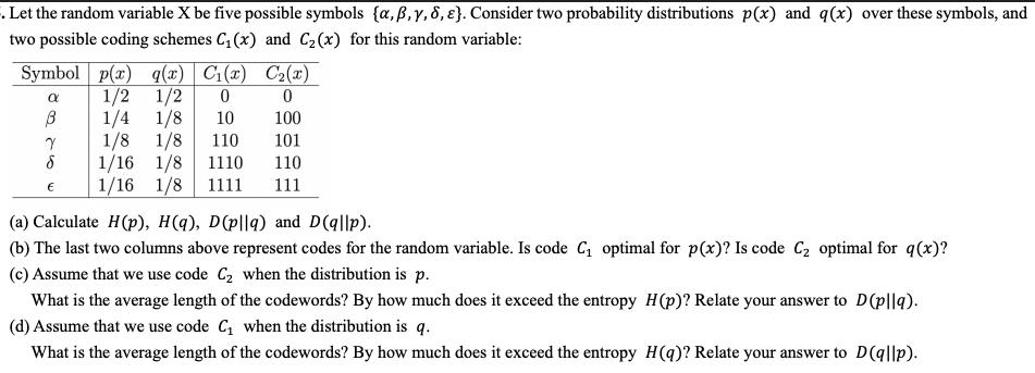 . Let the random variable X be five possible symbols {a, , y, 8, 8). Consider two probability distributions