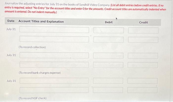 Journalize the adjusting entries for July 31 on the books of Sandhill Video Company. (List all debit entries