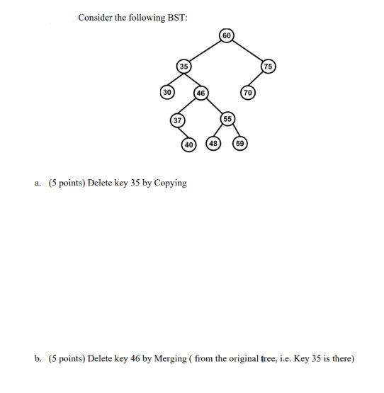 Consider the following BST: 30 46 40 48 a. (5 points) Delete key 35 by Copying 60 70 59 75 b. (5 points)