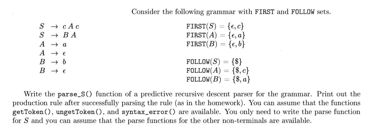 S  c Ac S BA A a A  E B b BE Consider the following grammar with FIRST and FOLLOW sets. FIRST(S) = {,c}