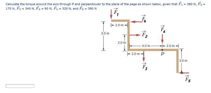 Calculate the torque around the axis through P and perpendicular to the plane of the page as shown below,