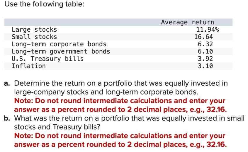 Use the following table: Large stocks Small stocks Long-term corporate bonds Long-term government bonds U.S.