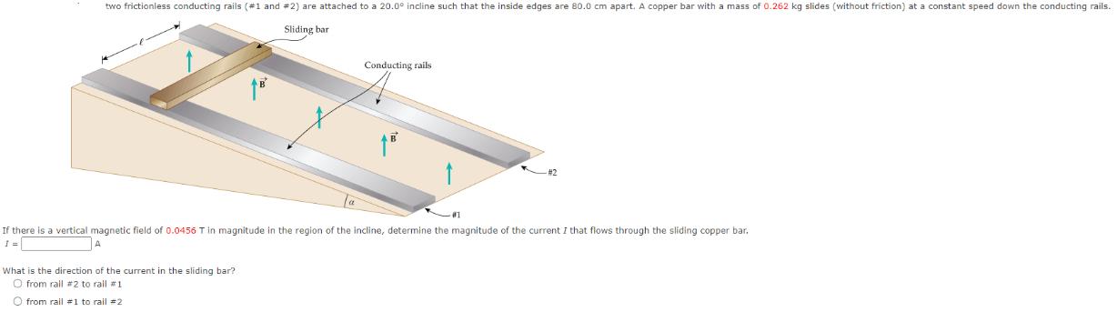 two frictionless conducting rails (#1 and #2) are attached to a 20.0 incline such that the inside edges are