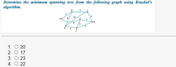Determine the minimum spanning tree from the following graph using Kruskal's algorithm. 1. O 20 2. O 17 3. O