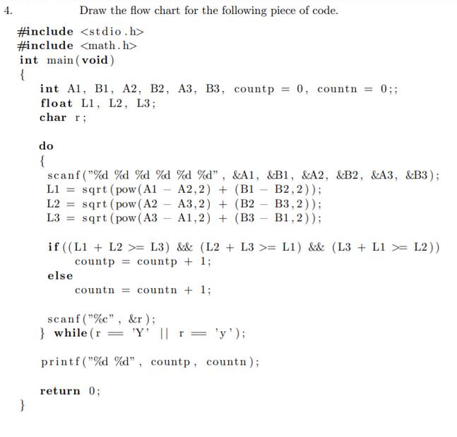 4. #include #include int main(void) { } Draw the flow chart for the following piece of code. int A1, B1, A2,
