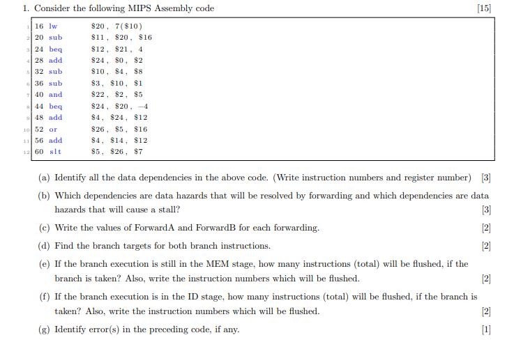 1. Consider the following MIPS Assembly code 16 lw 220 sub. 24 beq 28 add 32 sub 36 sub 40 and 44 beq 948 add