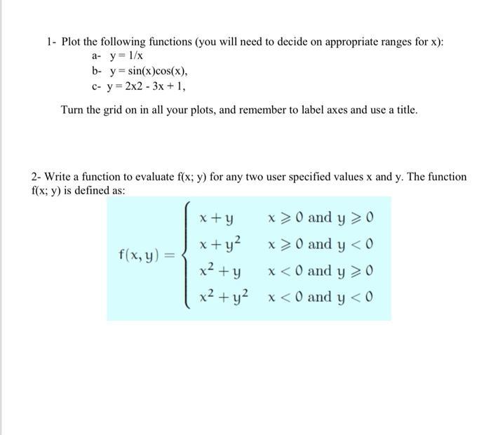 1- Plot the following functions (you will need to decide on appropriate ranges for x): a- y = 1/x b- y =