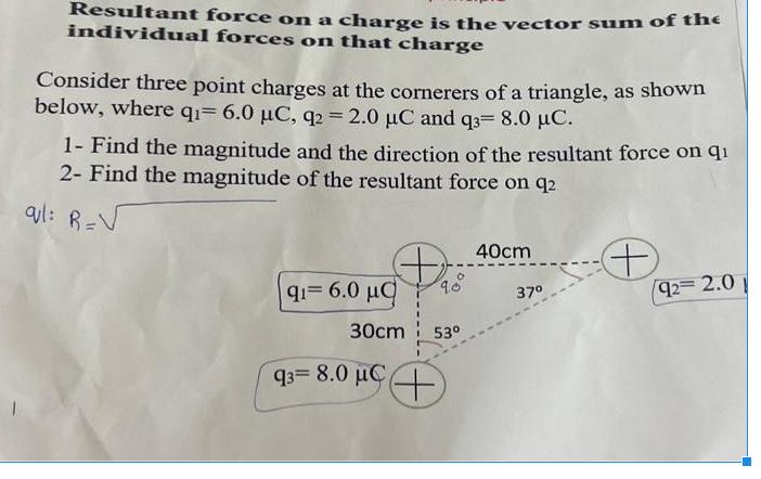 Resultant force on a charge is the vector sum of the individual forces on that charge Consider three point