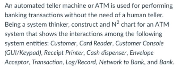 An automated teller machine or ATM is used for performing banking transactions without the need of a human
