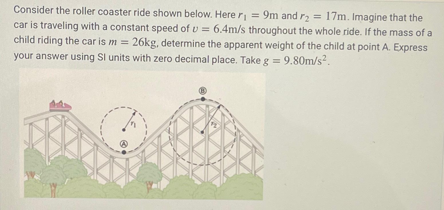 = Consider the roller coaster ride shown below. Here r = 9m and r2 = 17m. Imagine that the car is traveling