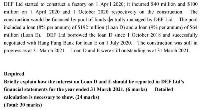DEF Ltd started to construct a factory on 1 April 2020; it incurred $40 million and $100 million on April