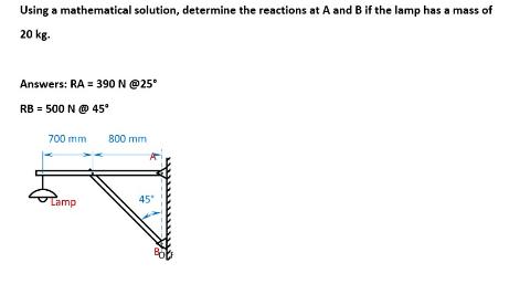 Using a mathematical solution, determine the reactions at A and B if the lamp has a mass of 20 kg. Answers: