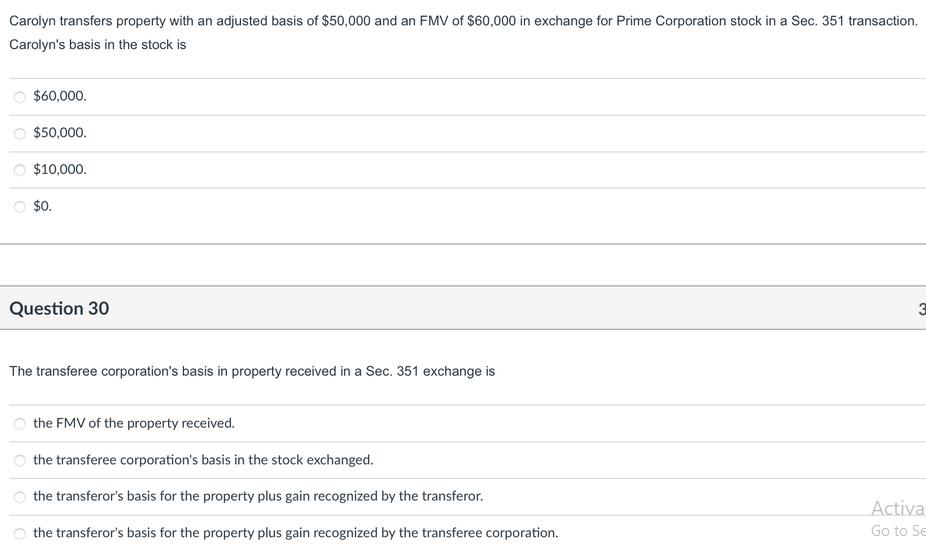 Carolyn transfers property with an adjusted basis of $50,000 and an FMV of $60,000 in exchange for Prime