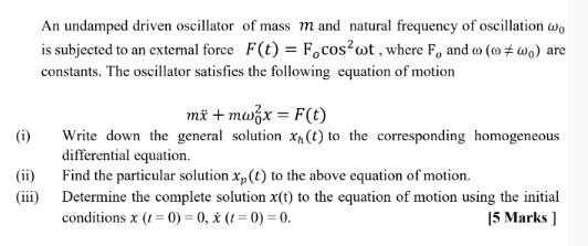 e An undamped driven oscillator of mass m and natural frequency of oscillation wo is subjected to an external