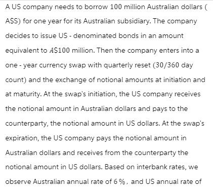 A US company needs to borrow 100 million Australian dollars ( ASS) for one year for its Australian