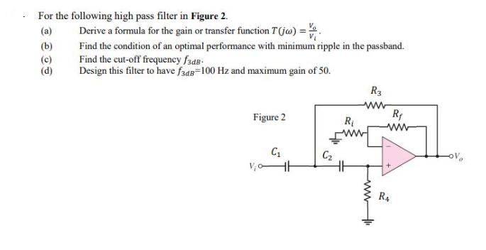 For the following high pass filter in Figure 2. (a) (b) (c) (d) Derive a formula for the gain or transfer
