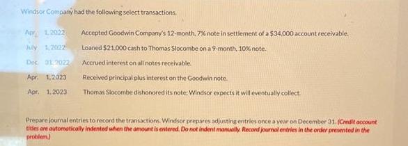 Windsor Company had the following select transactions. Apr 1.2022 Accepted Goodwin Company's 12-month, 7%