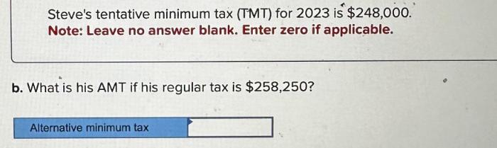 Steve's tentative minimum tax (TMT) for 2023 is $248,000. Note: Leave no answer blank. Enter zero if
