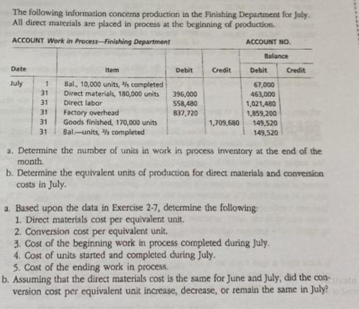 The following information concerns production in the Finishing Department for July. All direct materials are