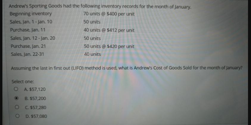 Andrew's Sporting Goods had the following inventory records for the month of January. Beginning inventory 70