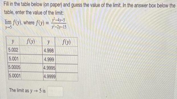 Fill in the table below (on paper) and guess the value of the limit. In the answer box below the table, enter
