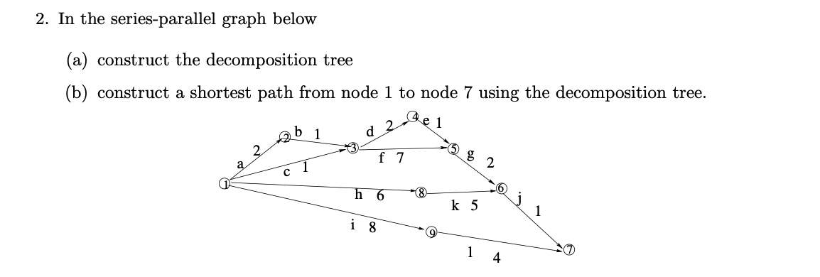 2. In the series-parallel graph below (a) construct the decomposition tree (b) construct a shortest path from
