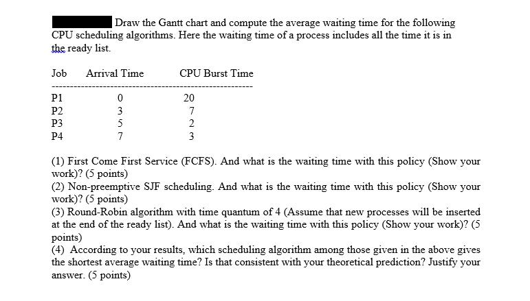 Draw the Gantt chart and compute the average waiting time for the following CPU scheduling algorithms. Here