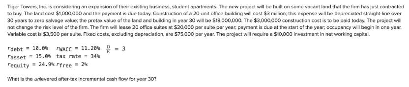 Tiger Towers, Inc. is considering an expansion of their existing business, student apartments. The new