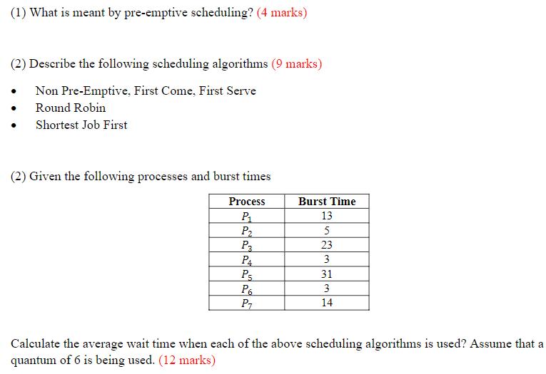 (1) What is meant by pre-emptive scheduling? (4 marks) (2) Describe the following scheduling algorithms (9