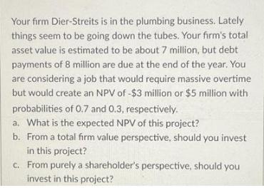 Your firm Dier-Streits is in the plumbing business. Lately things seem to be going down the tubes. Your