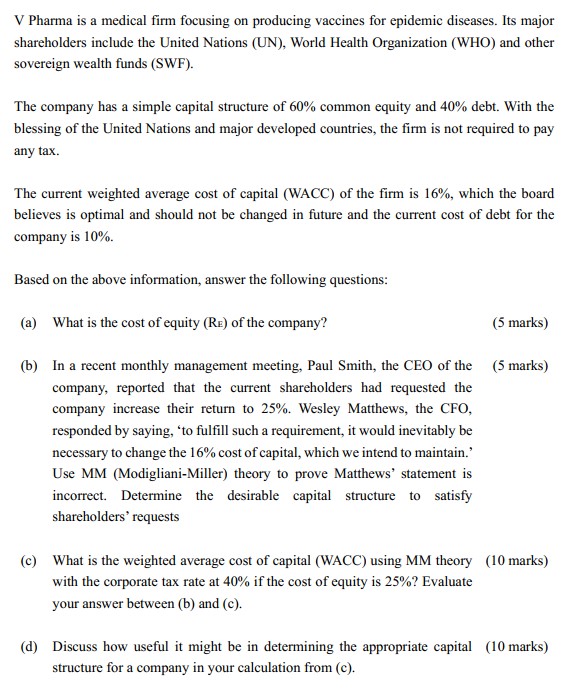 V Pharma is a medical firm focusing on producing vaccines for epidemic diseases. Its major shareholders