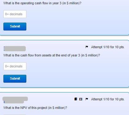 What is the operating cash flow in year 3 (in $ million)? 0+ decimals Submit What is the cash flow from