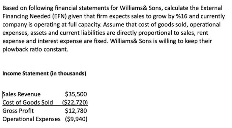 Based on following financial statements for Williams& Sons, calculate the External Financing Needed (EFN)