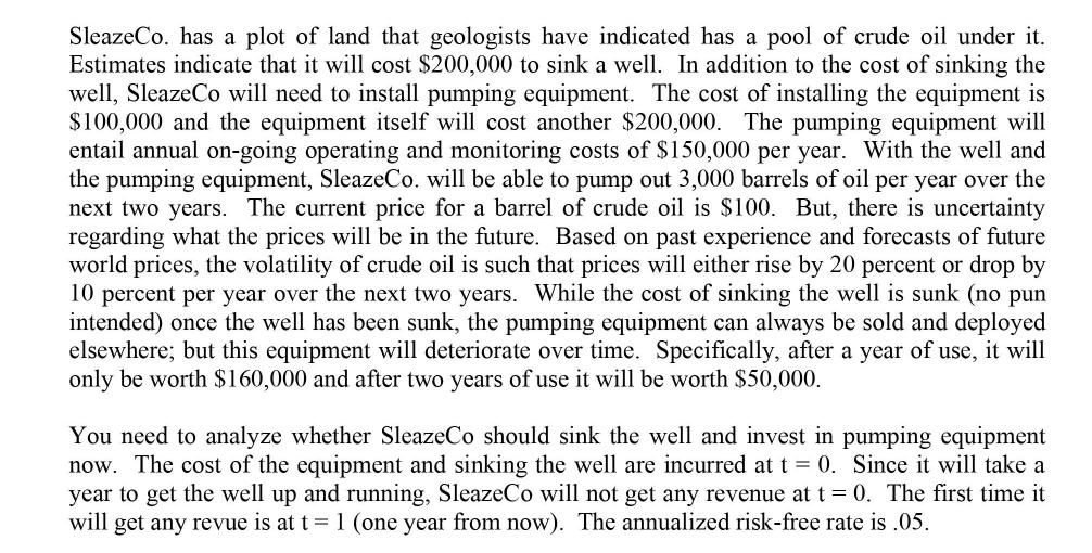 SleazeCo. has a plot of land that geologists have indicated has a pool of crude oil under it. Estimates