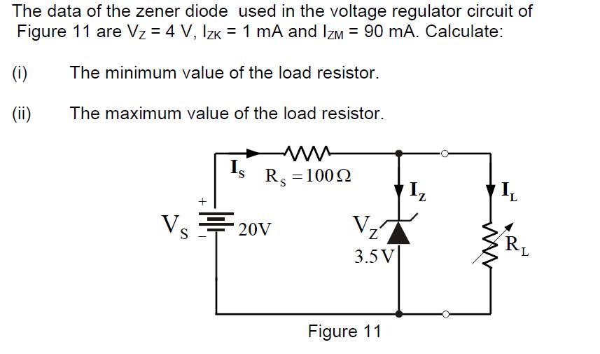 The data of the zener diode used in the voltage regulator circuit of Figure 11 are V = 4 V, Izk = 1 mA and
