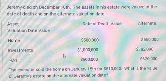 Jeremy died on December 10th. The assets in his estate were valued at the date of death and on the alternate