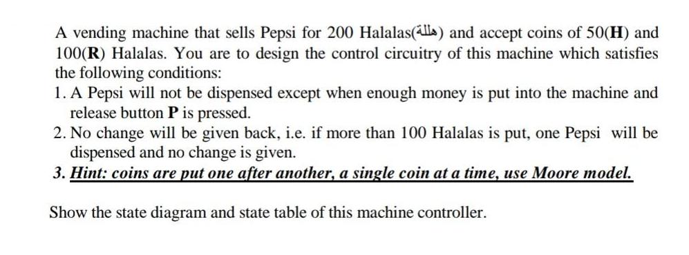 A vending machine that sells Pepsi for 200 Halalas(alls) and accept coins of 50(H) and 100(R) Halalas. You