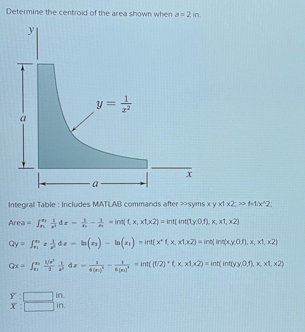 Determine the centroid of the area shown when a = 2 in. a y Y= || in. in. = 2/1/20 -| Integral Table: