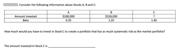 . Consider the following information about Stocks A, B and C: A $100,000 0.35 Amount Invested Beta B $150,000